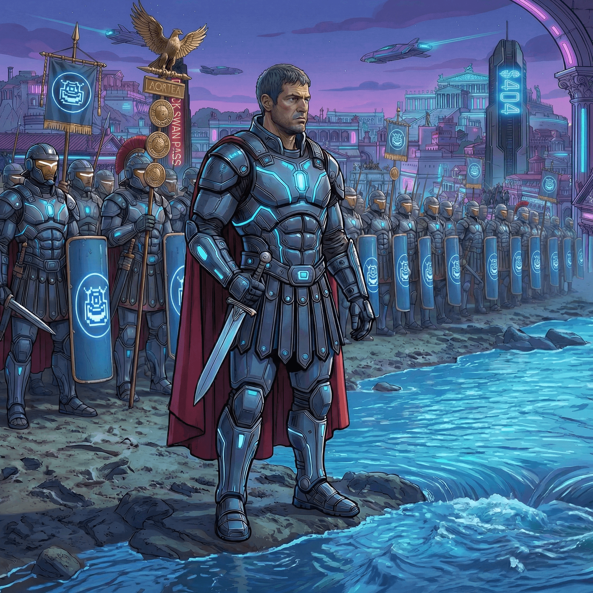 Futuristic Roman general in glowing blue armor stands with his army by a rushing river.