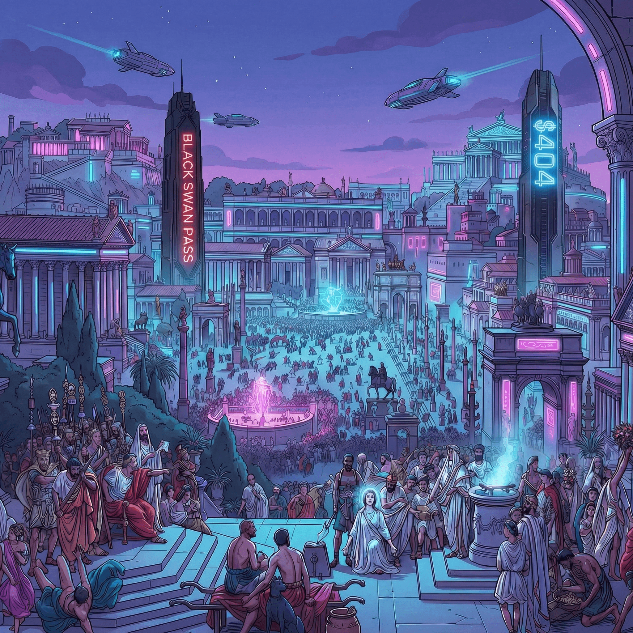 Cyberpunk Ancient Rome featuring neon lights, flying ships, and crowds in traditional togas.