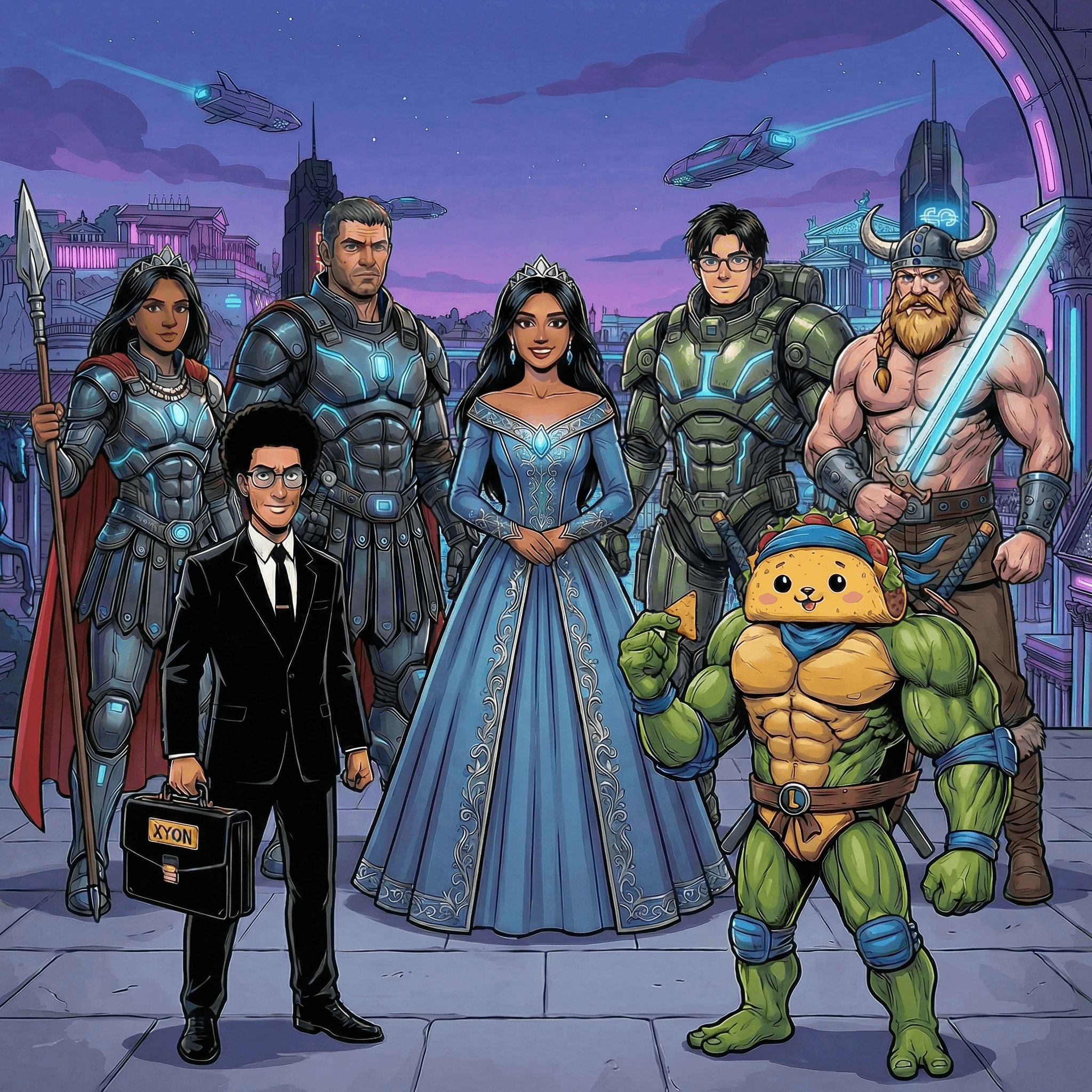 Eclectic group of warriors, a princess, and a taco-headed turtle in a neon futuristic city.