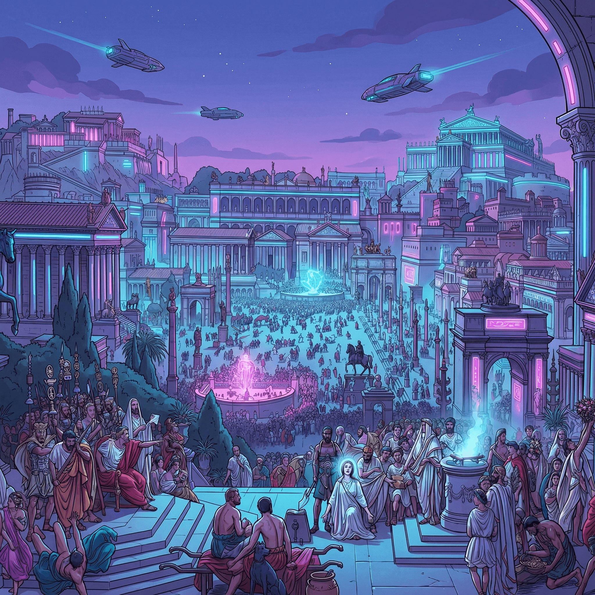 Cyberpunk ancient Rome featuring neon-lit classical architecture, flying spaceships, and crowds in traditional togas.