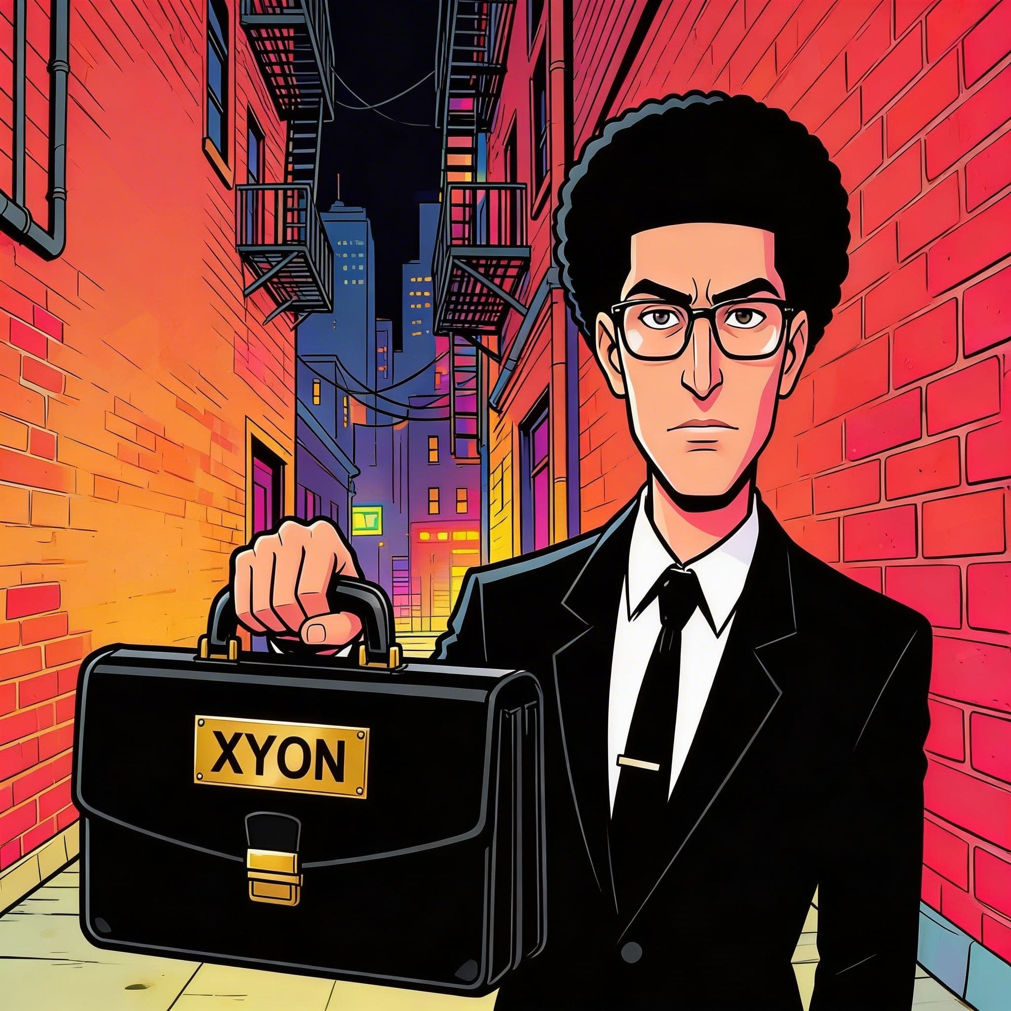 Man with an afro and glasses holding a XYON briefcase in a vibrant urban alleyway.