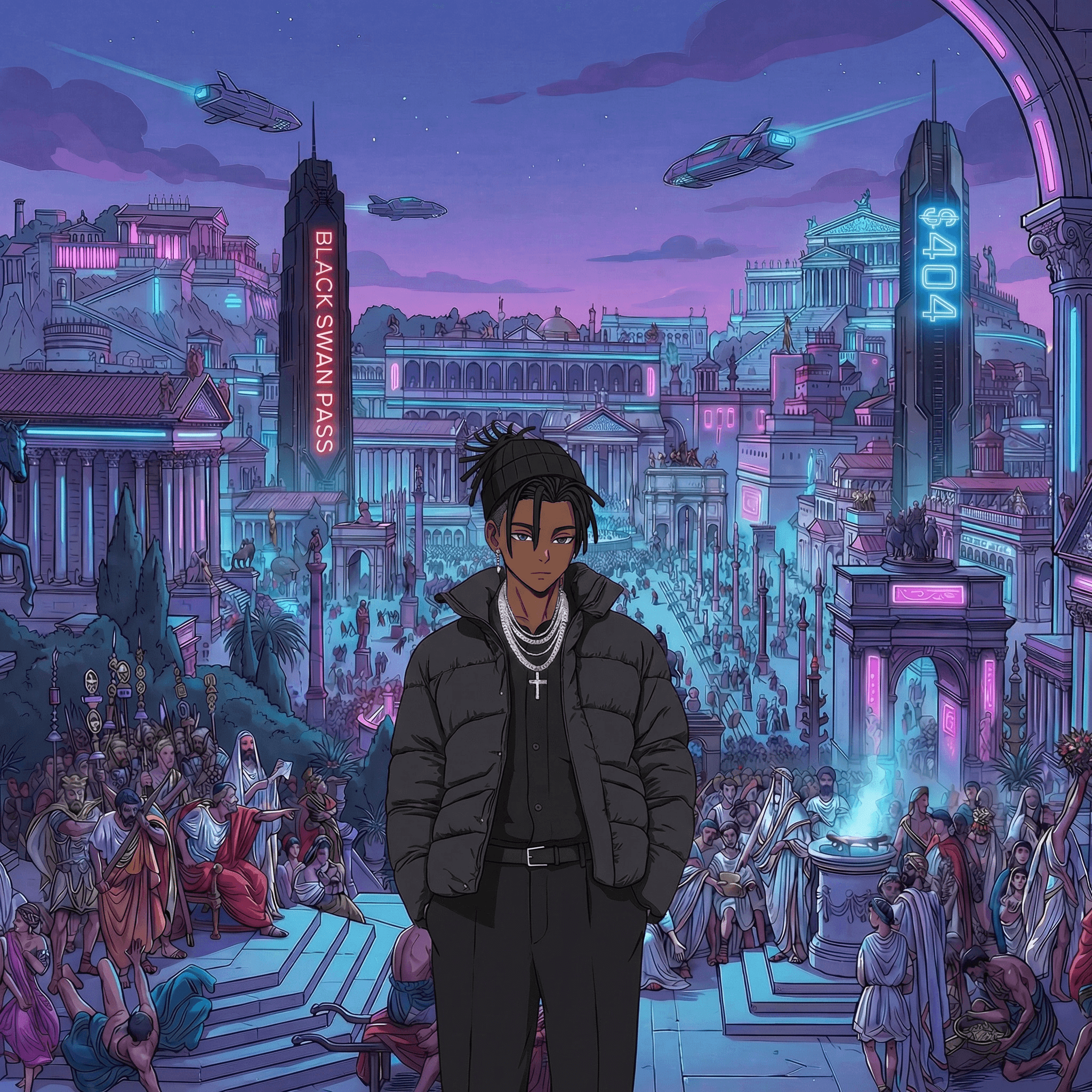 Anime man in a black puffer jacket before a neon-lit, futuristic ancient Roman cityscape.