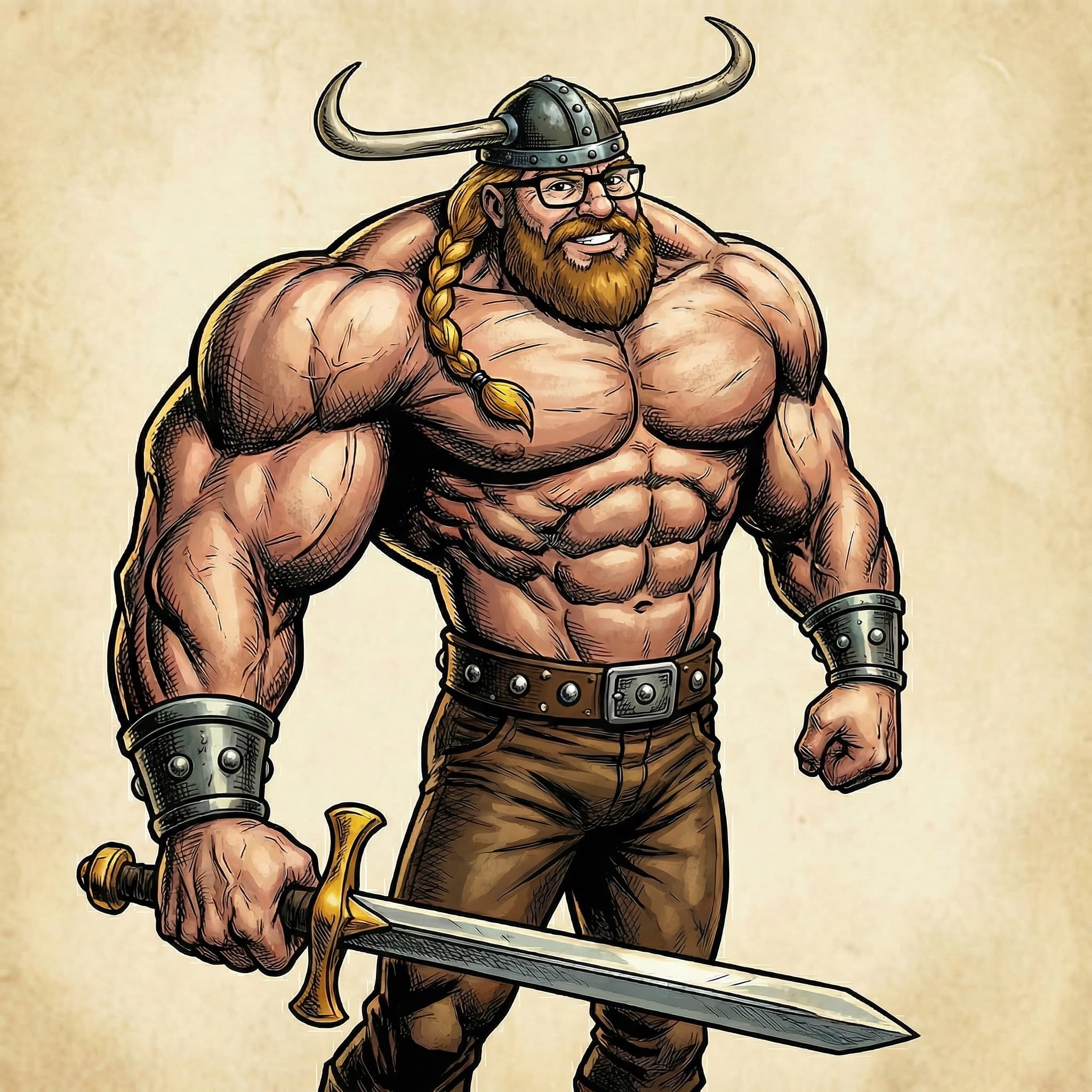 Muscular Viking with glasses, a horned helmet, and a blonde beard holding a broadsword.
