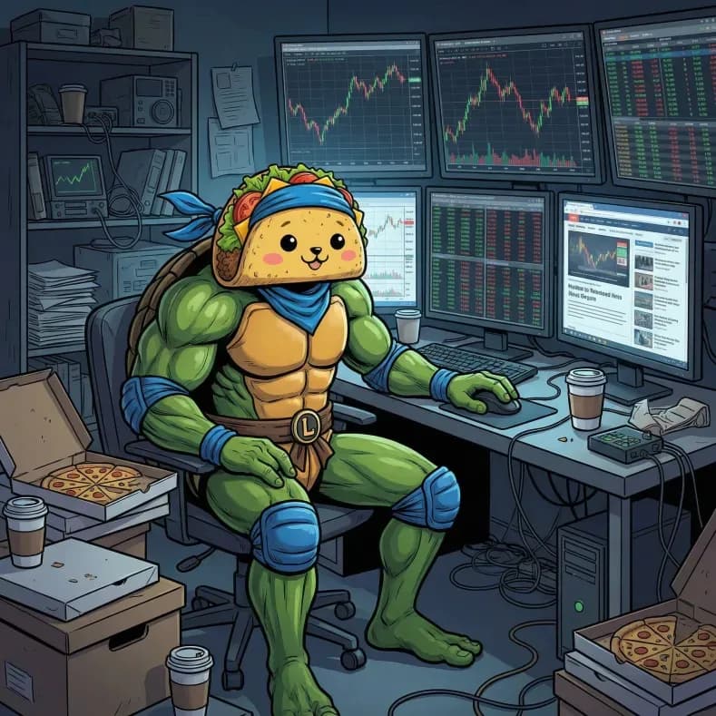 Muscular ninja turtle with a taco head monitors stock market charts in a cluttered office.