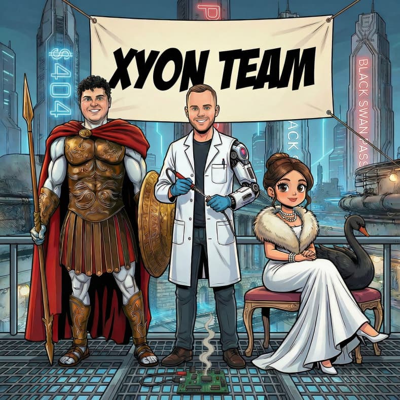 Illustrated XYON TEAM: Roman soldier, scientist with robotic arm, and elegant woman in futuristic city.