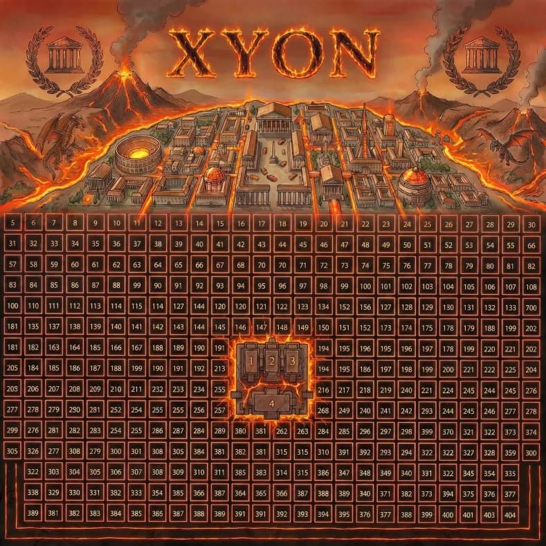 Fantasy city XYON surrounded by volcanoes and dragons above a large numbered grid map.