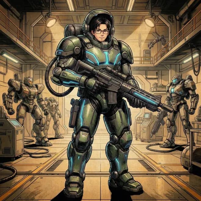 Man with glasses in green power armor holding a rifle in a high-tech hangar.