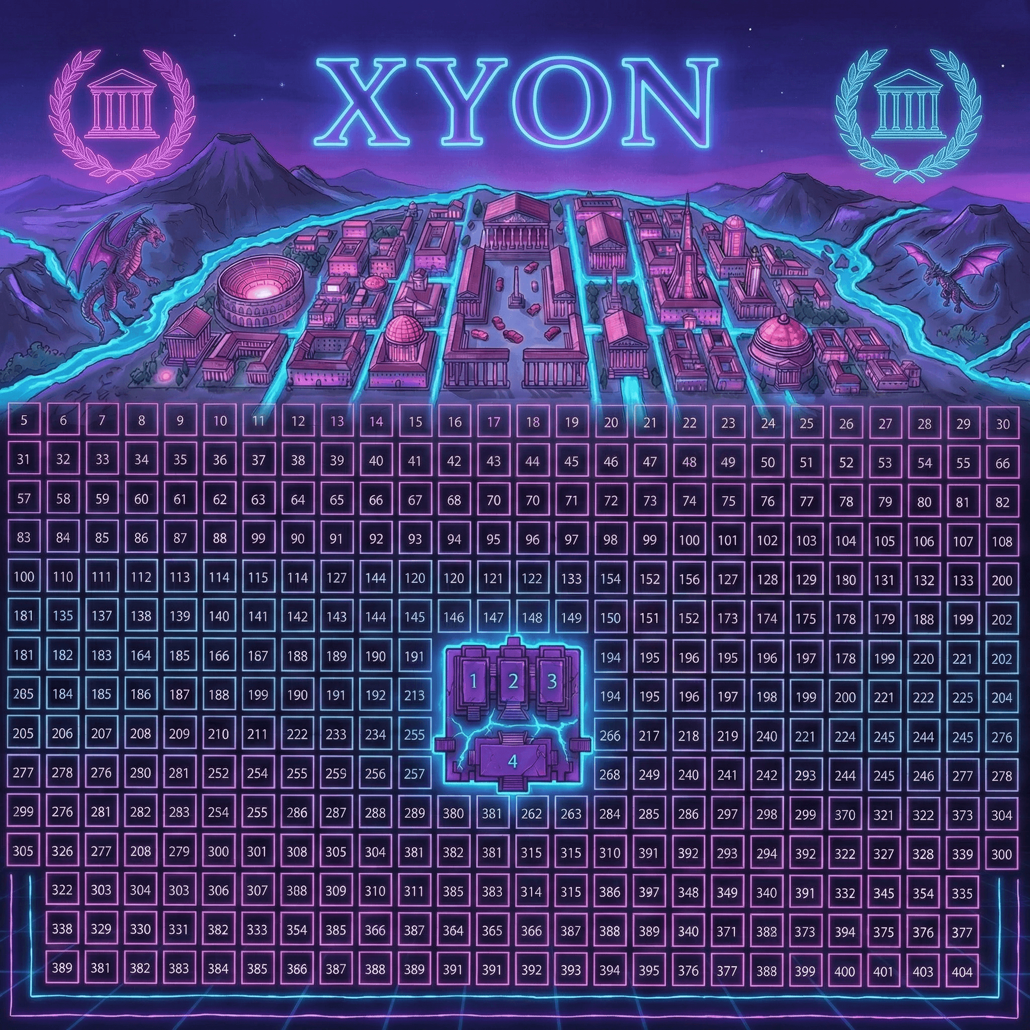 Futuristic neon city XYON above a large numbered grid map with a synthwave aesthetic.