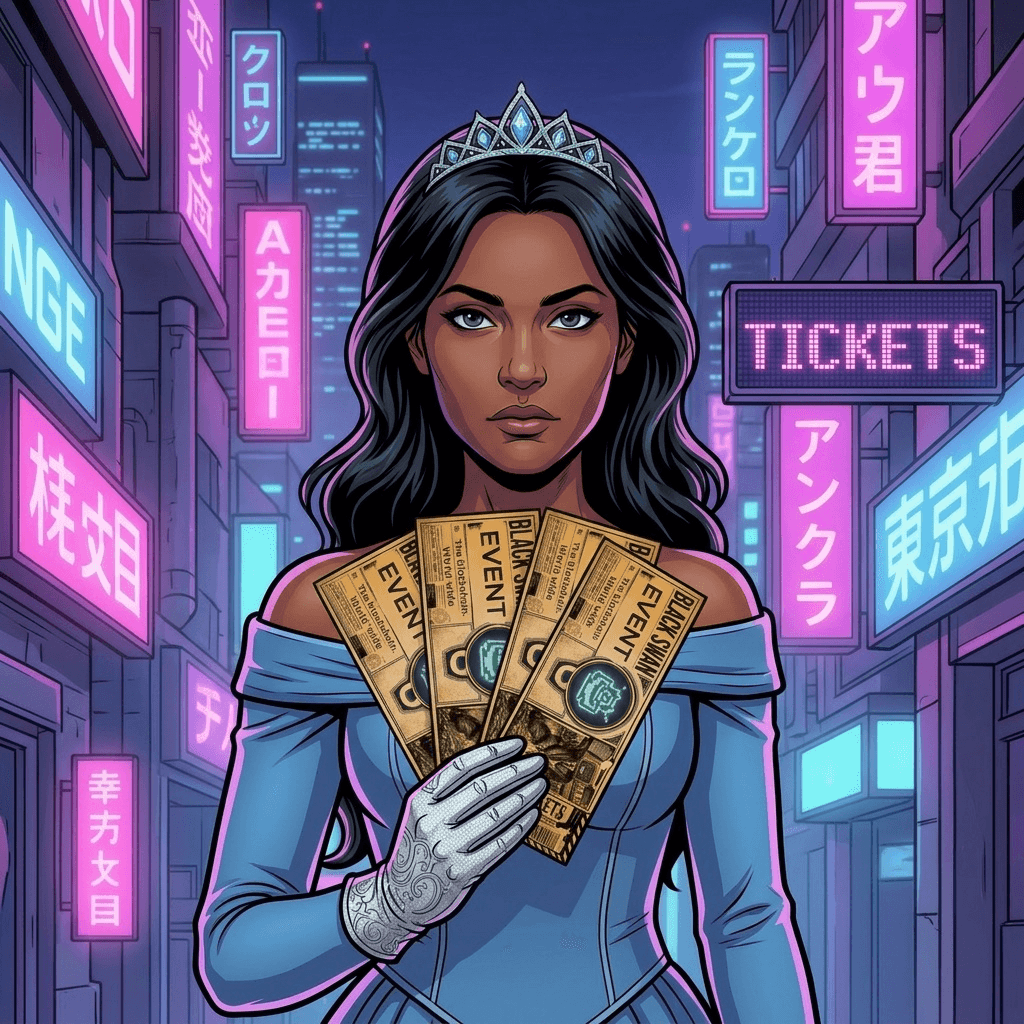 Woman wearing a tiara holds gold event tickets in a neon-lit futuristic cyberpunk city.
