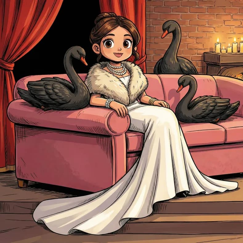 Elegant cartoon woman in white gown on pink sofa surrounded by three black swans.