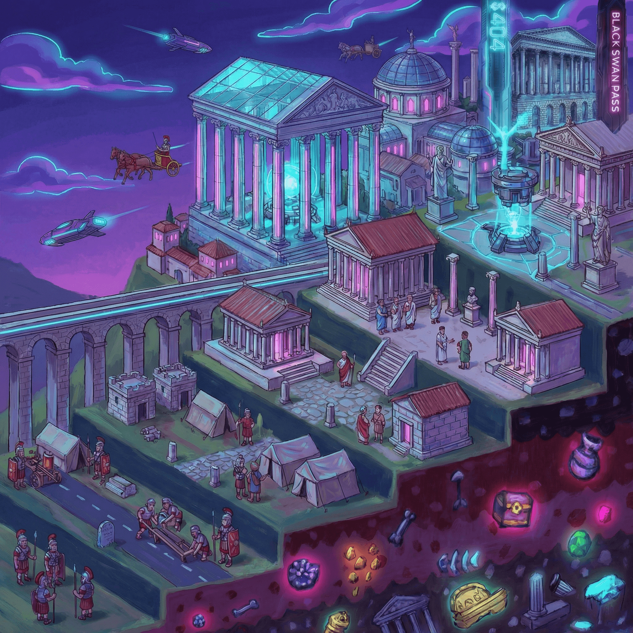 Isometric cyberpunk Roman city with neon temples, flying chariots, and glowing underground treasures.