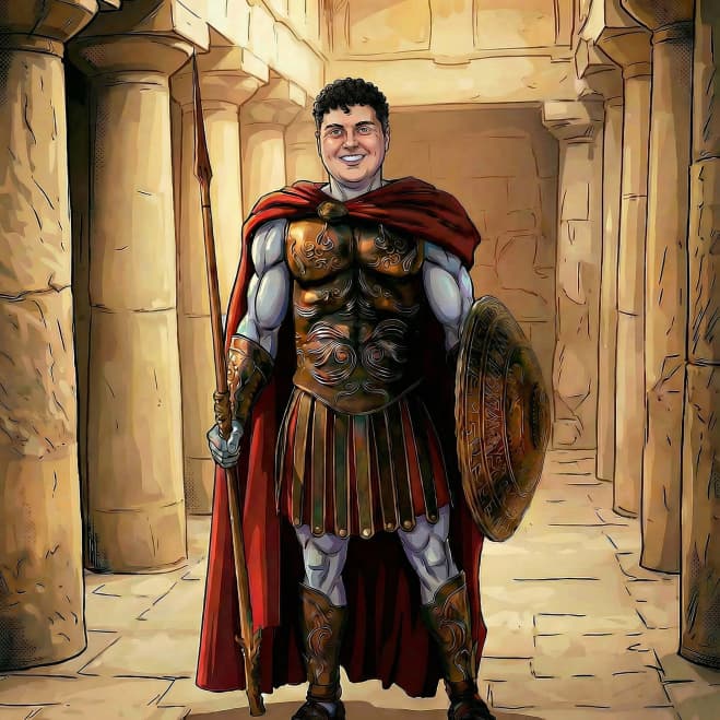 Smiling man in bronze muscle armor holding a spear and shield among stone pillars.
