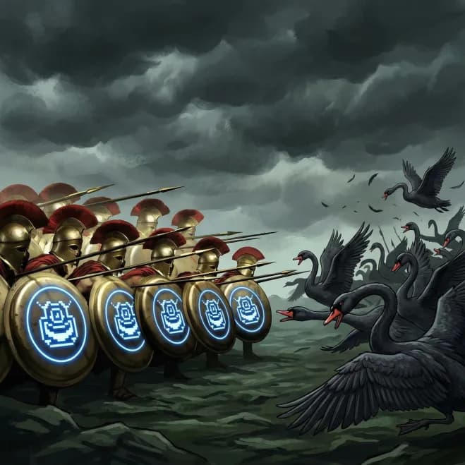 Spartan warriors with glowing pixelated shields face aggressive black swans under a stormy sky.