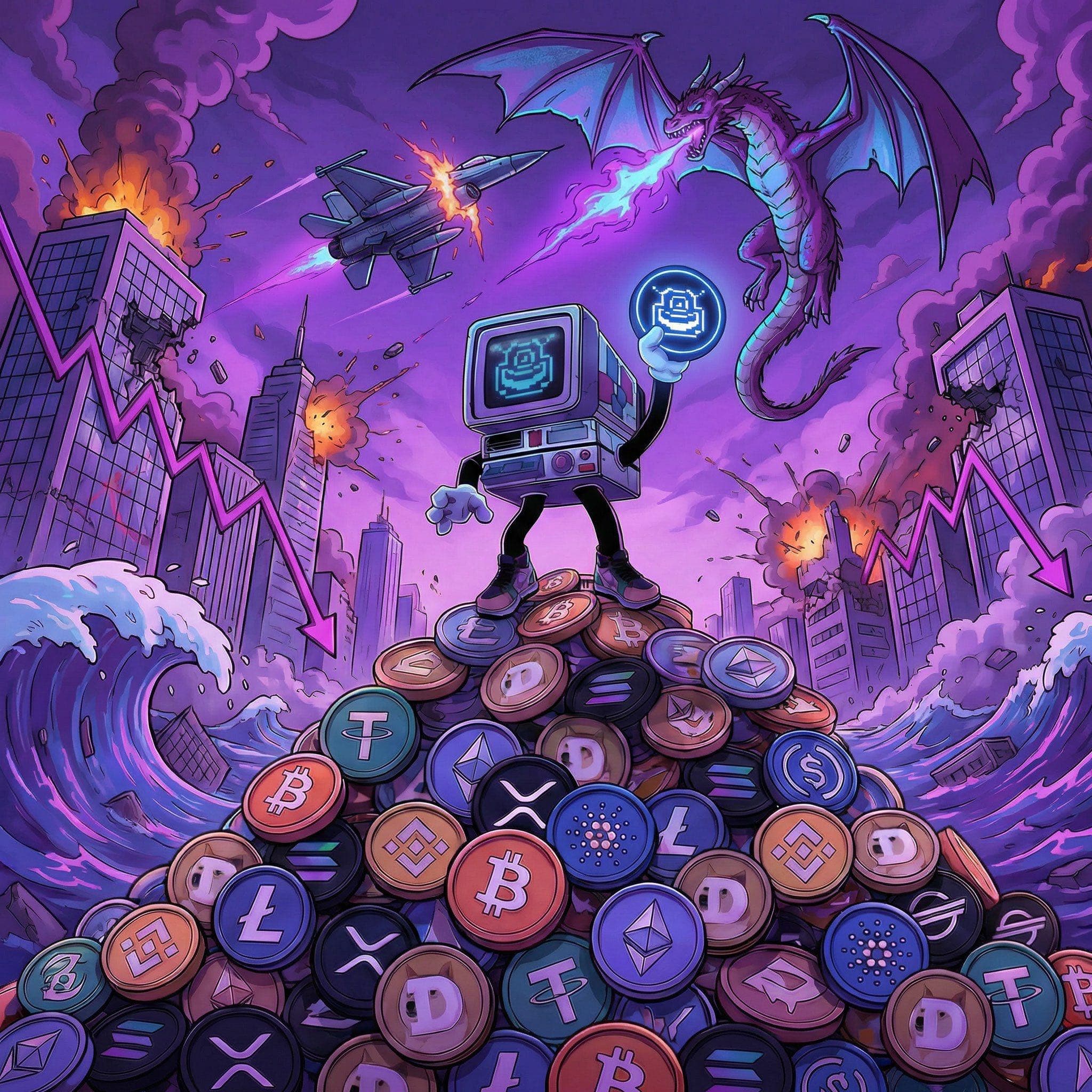 Monitor-headed robot stands on cryptocurrency coins amidst city destruction, a dragon, and falling market arrows.