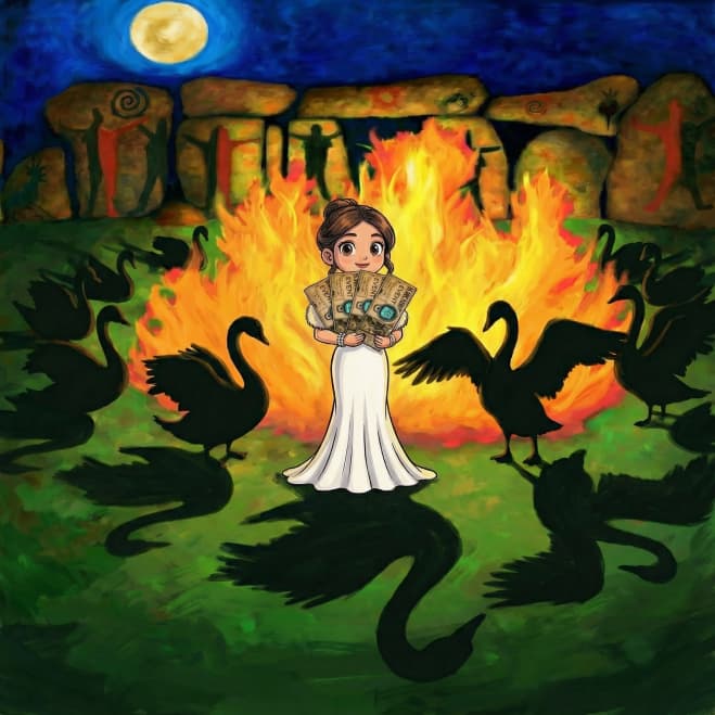 Girl in white dress holding tickets before a bonfire, surrounded by black swans at night.