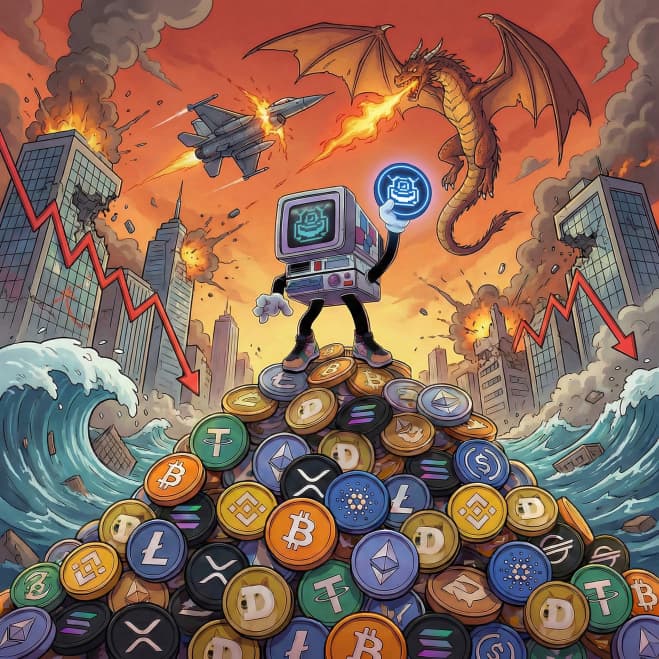 Computer-headed figure holding a glowing coin atop cryptocurrency coins in a chaotic, apocalyptic city.