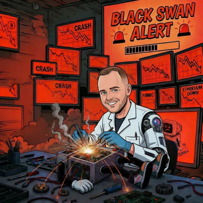 Man with robotic arm soldering electronics surrounded by red screens showing market crash alerts.