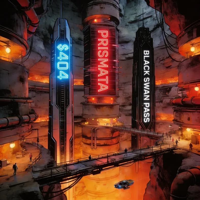Futuristic industrial subterranean city featuring neon towers labeled $404, Prismata, and Black Swan Pass.